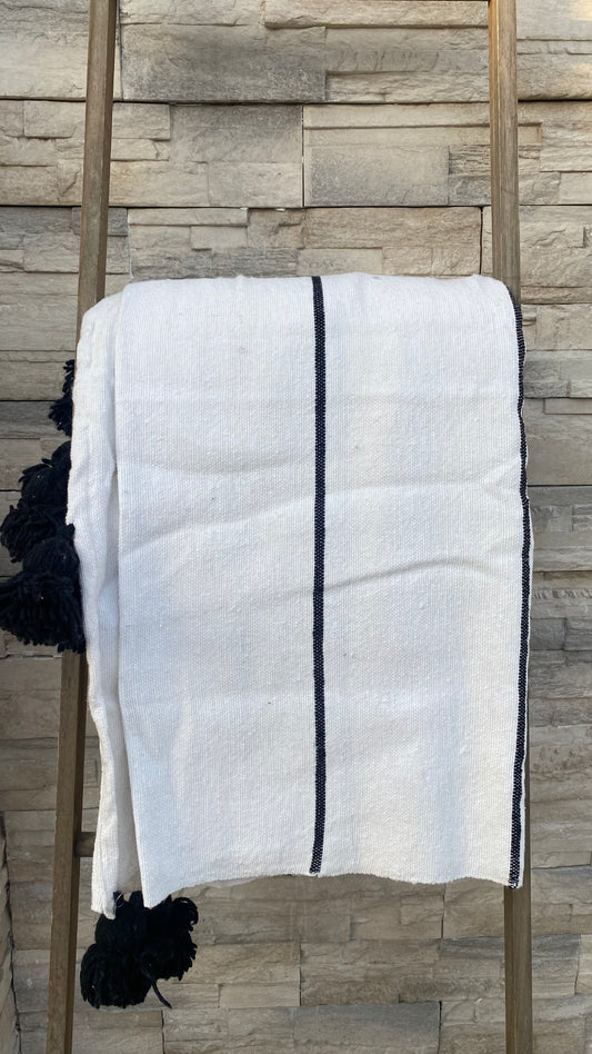 PLAID POMPONS TISSÉ BLANC RAYÉ